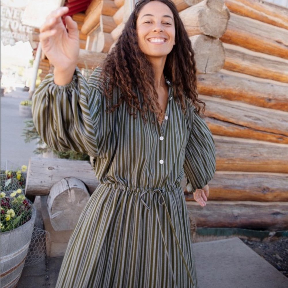 Christy Dawn Olive and White Striped Long Sleeve Midi Dress